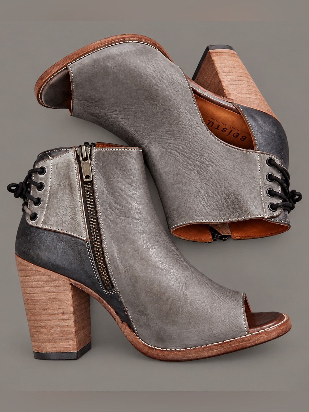 Bed Stu Onset P Peep Toe Leather Heeled Booties Gray Size 9 BNWT
